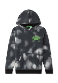 Hoodie tie-dye grigio scuro e nero con tasca frontale e piccola grafica di un controller di videogioco neon verde sul petto.