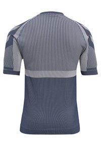 Korte mouwen sportshirt met horizontale strepen in verschillende tinten blauw en grijs, met een gestructureerde afwerking en ronde halslijn.