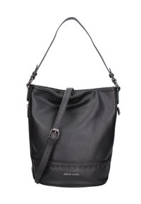 Borsa a spalla in pelle nera con una finitura texture, forma semi-strutturata, tracolla regolabile e dettagli perforati alla base.
