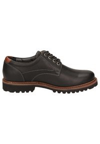 Scarpa in pelle nera con accenti marroni, dotata di punta arrotondata, design con lacci, cuciture visibili e suola in gomma decorata per una maggiore aderenza.