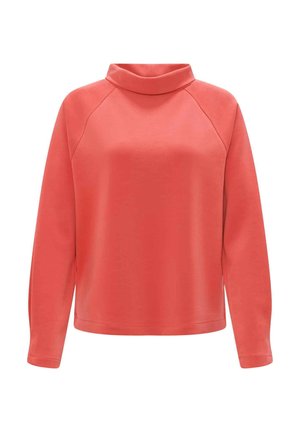 Koraal kleurige pullover sweatshirt met een hoge hals, lange raglanmouwen en een gladde textuur. Het materiaal lijkt zacht en rekbaar te zijn.
