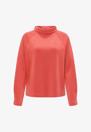 Felpa corallo con collo alto, maniche lunghe a raglan e superficie liscia. Il materiale sembra morbido ed elastico.