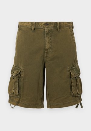 Pantalones cortos cargo verdes con cierre de botón, múltiples bolsillos laterales y cordones ajustables en el dobladillo. Fabricado con tela duradera.
