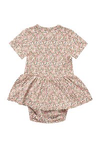 Baby jurk met bloemenpatroon, korte mouwen, pastelroze basis met kleine bloemen in rood, blauw en groen, geplooide rok, van zacht katoen.