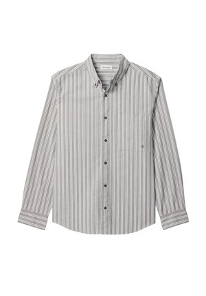 Grå og hvide stribede langærmede skjorte med knappet krave, brystlomme og sorte knapper. Bomuldsstof med blød tekstur.