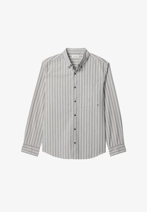 Grå og hvide stribede langærmede skjorte med knappet krave, brystlomme og sorte knapper. Bomuldsstof med blød tekstur.
