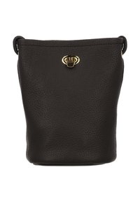 Zwarte leren bucketbag met een textuurovervlak, gouden sluiting aan de voorkant en afgeronde bovenzijden; compact ontwerp.