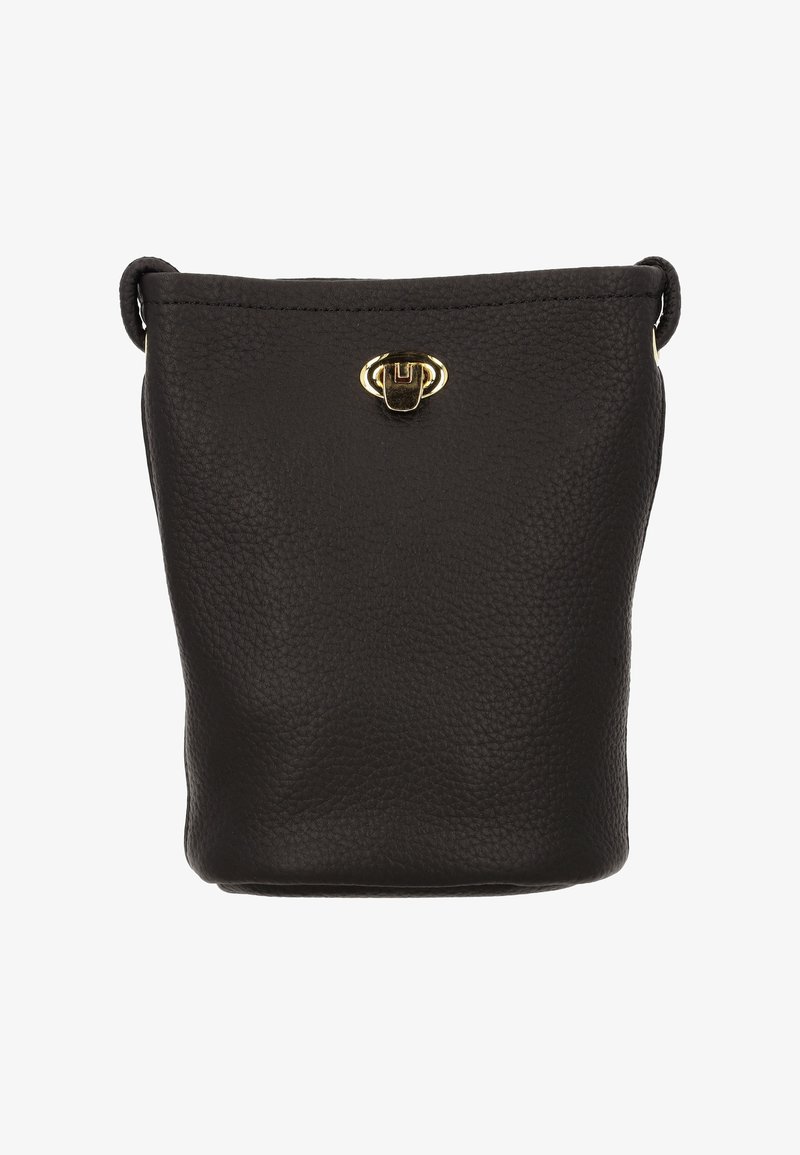 Zwarte leren bucketbag met een textuurovervlak, gouden sluiting aan de voorkant en afgeronde bovenzijden; compact ontwerp.