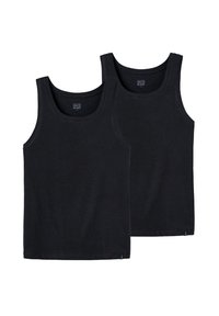 Zwei schwarze Baumwoll-Top-Tanks mit runder Halslinie, ärmellosem Design und weicher Textur. Jedes hat ein kleines Logo-Detail nahe dem Saum.