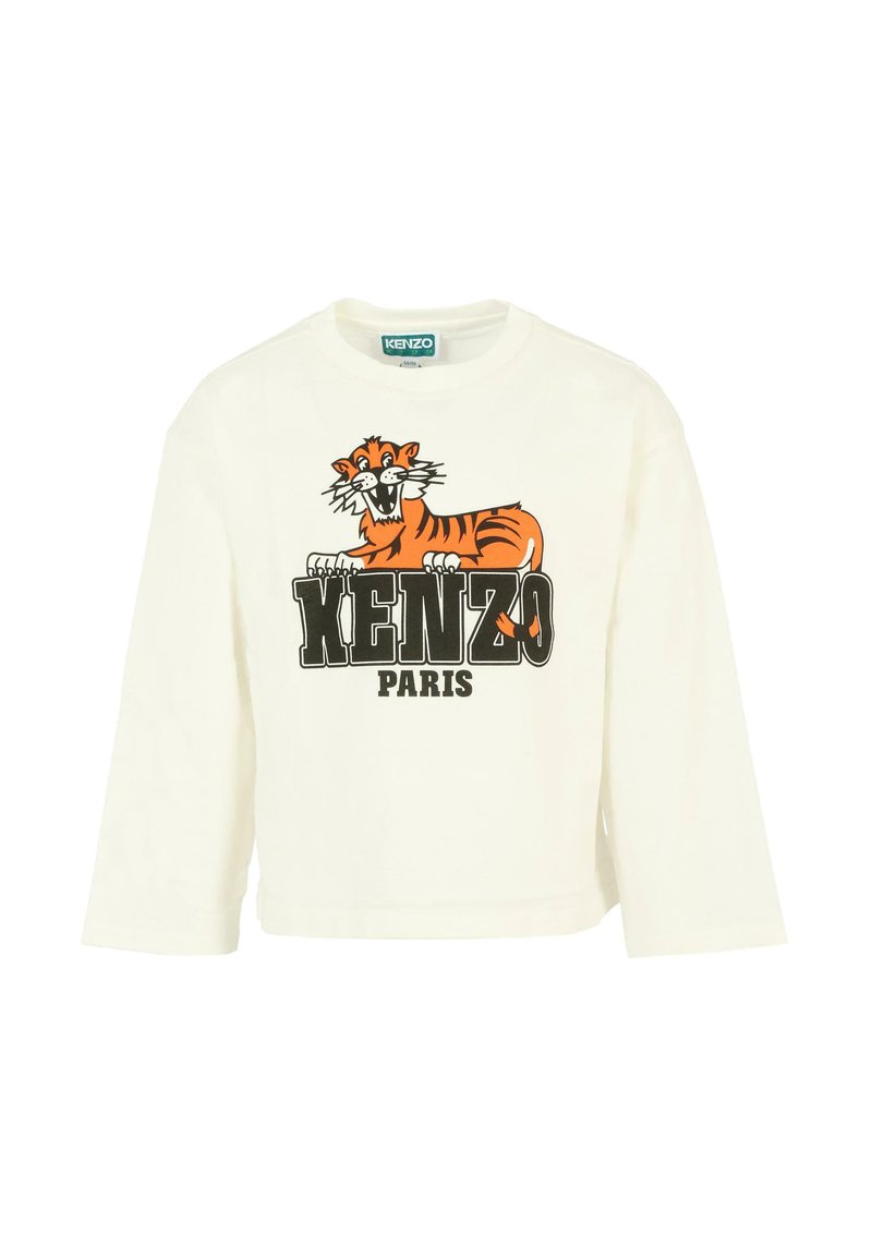 Camicetta a maniche lunghe color crema con una grafica di un tigre dei cartoni animati arancione e il testo nero "KENZO PARIS". Realizzata in morbido cotone.