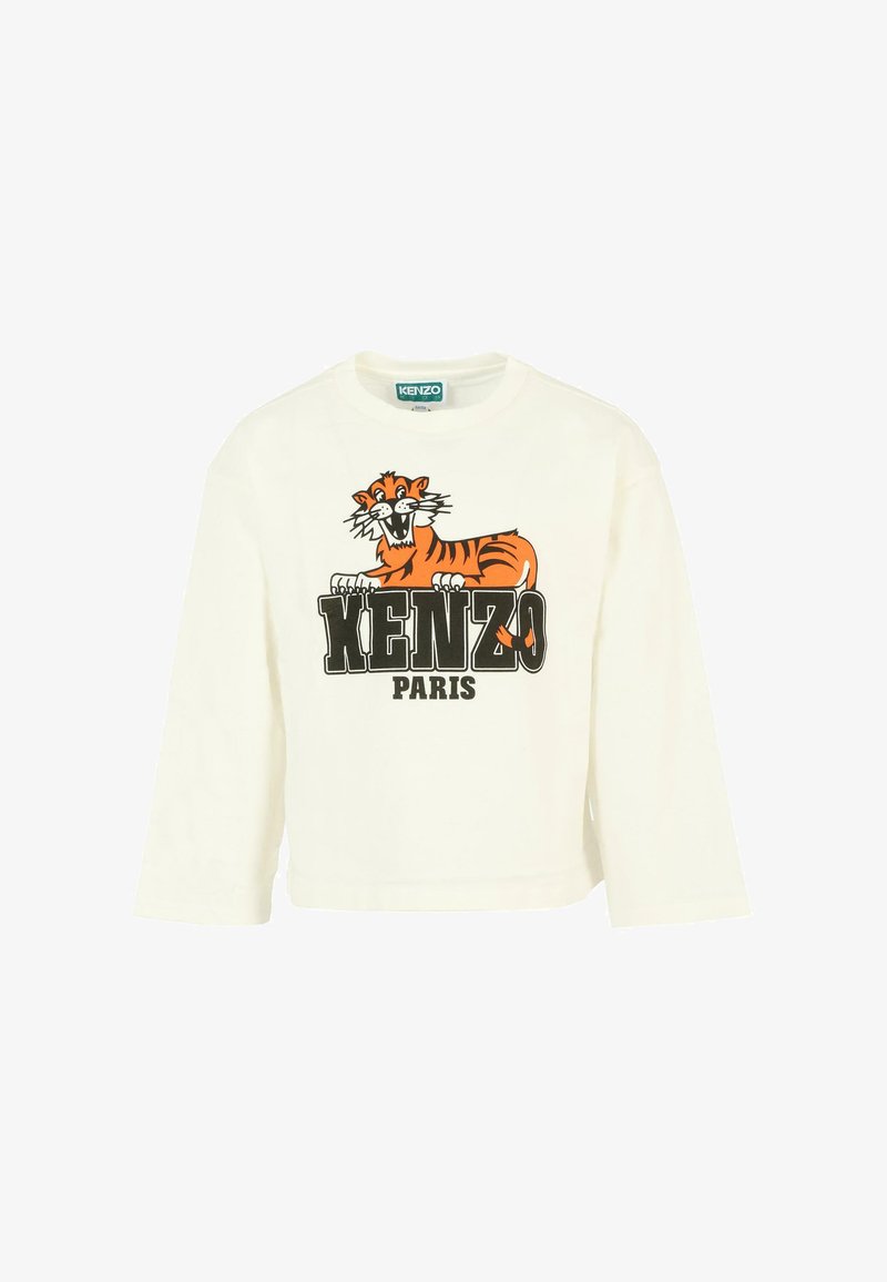 Camicetta a maniche lunghe color crema con una grafica di un tigre dei cartoni animati arancione e il testo nero "KENZO PARIS". Realizzata in morbido cotone.