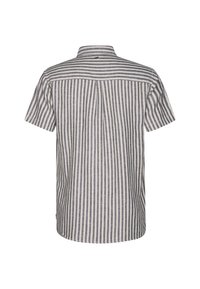 Camisa de manga corta de tejido de algodón a rayas, con rayas verticales azules y blancas, cuello estándar y detalle en la parte posterior.