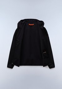 Svart hettegenser med en jevn exterior, teksturert stoff, oransje detalj på hetten, og sidelommer. Har glidelåser og merkevaredetalj.