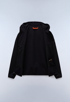 Black hooded jacket with a smooth exterior, textured fabric, orange accent on the hood, and side pockets. Features zippers and branding detail.