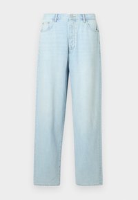 Light blue, high-waisted jeans with a straight-leg cut, made from denim, featuring five pockets and a front button closure.