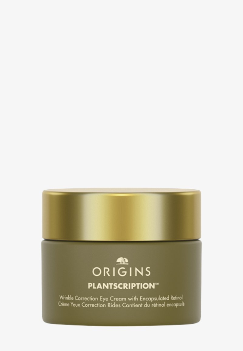 Grønn glasskrukke med gullokk, merket "ORIGINS PLANTSCRIPTION™." Inneholder rynkekorrigerende øyekrem med en jevn overflate.