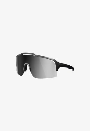 Schwarze und graue Sportsonnenbrille mit einem großen gebogenen Glas und schwarzen Rahmenbügeln.