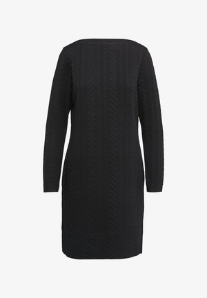 Zwarte lange mouw jurk met een gestructureerd zigzagpatroon, voorzien van een bootnek en een rechte snit. Zachte stof met een gladde afwerking.