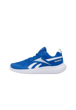Scarpa sportiva Reebok blu con dettagli bianchi, tomaia in mesh, suola bianca spessa e logo laterale su sfondo bianco uniforme.