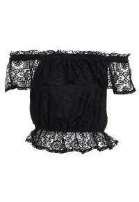 Schwarzes schulterfreies Oberteil mit Spitzenüberzug, gesmokten Ärmeln und elastischem Bund. Mit floralen Spitzenmustern und ausgestelltem Saum.