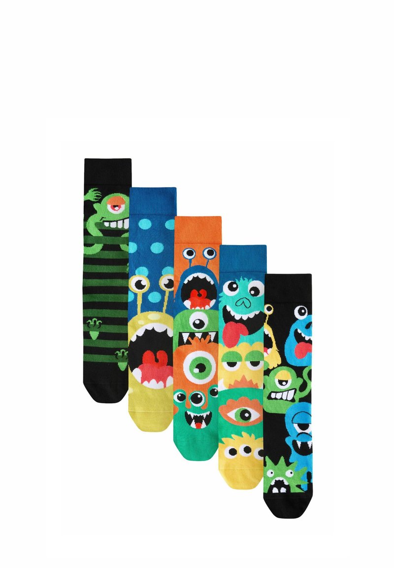 Ensemble de cinq chaussettes avec divers motifs de monstres, dans des couleurs vives comme le noir, le vert, le bleu, l'orange et des pois, dotées d'expressions faciales ludiques.