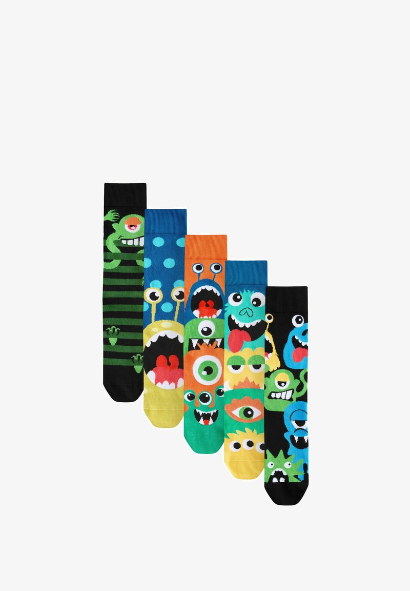 Ensemble de cinq chaussettes avec divers motifs de monstres, dans des couleurs vives comme le noir, le vert, le bleu, l'orange et des pois, dotées d'expressions faciales ludiques.