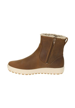Botte de cheville étanche marron avec une doublure en polaire confortable, fermeture éclair sur le côté et une semelle en caoutchouc texturée pour une meilleure adhérence.