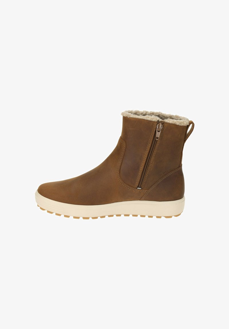 Botte de cheville étanche marron avec une doublure en polaire confortable, fermeture éclair sur le côté et une semelle en caoutchouc texturée pour une meilleure adhérence.