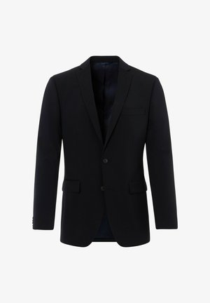 Black blazer made of smooth fabric, featuring a notched collar, two front pockets, two buttons, and a single chest pocket.