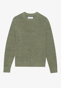 Green knit sweater with a crew neck, long sleeves, and ribbed cuffs and hem. Soft texture and slightly marled finish.