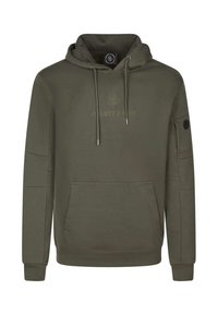Sudadera verde oliva hecha de una mezcla de algodón, con bolsillo canguro, capucha con cordón y logo bordado en el pecho y la manga.