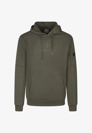 Olijfgroene hoodie van een katoenmengsel, met een buidelzak, trekkoord capuchon en geborduurd logo op de borst en mouw.