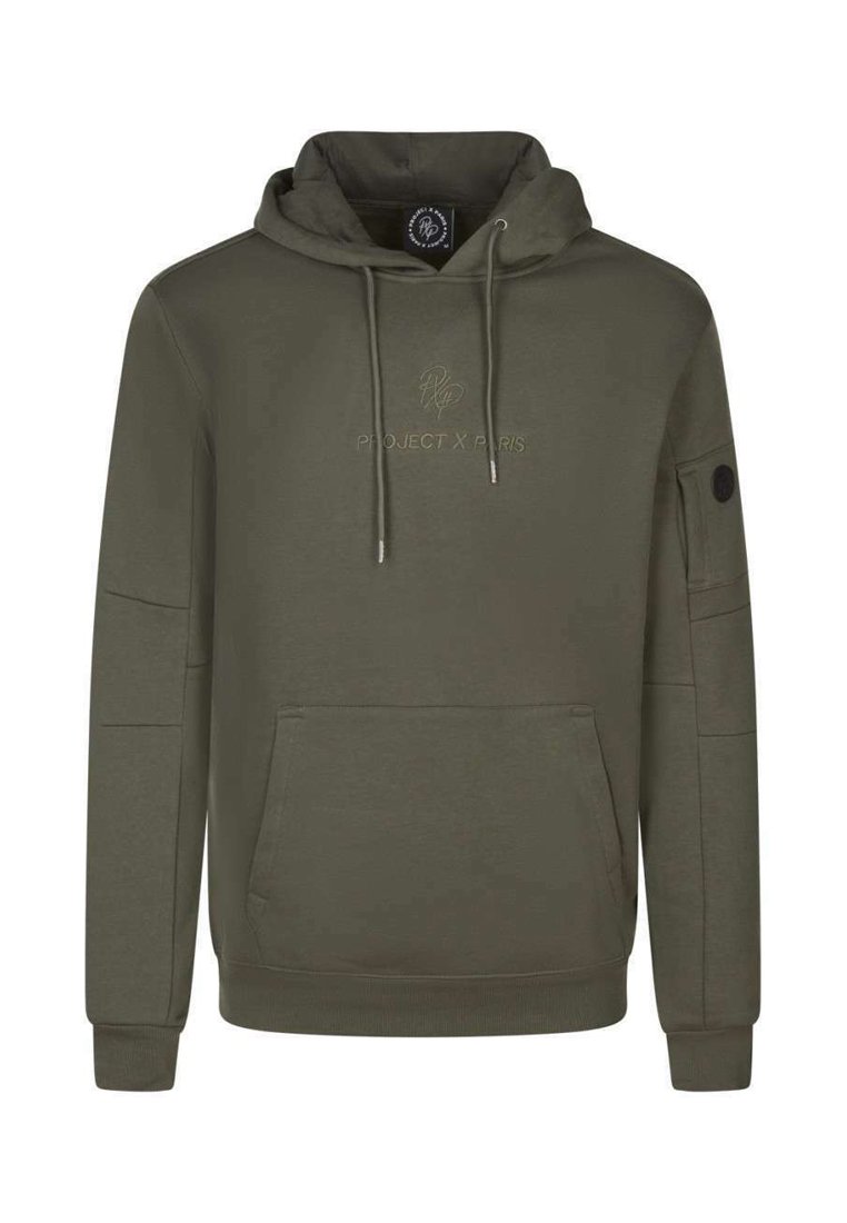 Sudadera verde oliva hecha de una mezcla de algodón, con bolsillo canguro, capucha con cordón y logo bordado en el pecho y la manga.