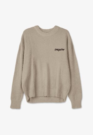 Beige fluffy sweater with a round neckline, ribbed cuffs, and hem; features a small, dark brown "pagedor" logo on the front.