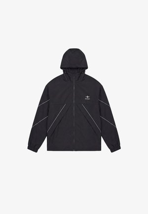 Veste noire à capuche avec fermeture éclair frontale intégrale, poignets élastiques, bandes réfléchissantes sur les manches et la poitrine, et logo PXP sur la poitrine gauche.