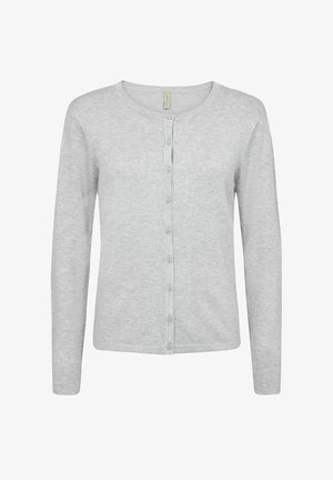 Cárdigan gris claro hecho de tejido de punto suave, con escote redondo, mangas largas y cierre frontal con botones a juego.