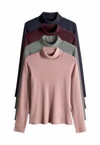 Vier langarm turtleneck shirts gestapeld, met de kleuren: verouderd roze, zwart met witte strepen, diep bordeauxrood en donker marineblauw.