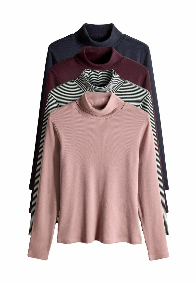 Vier langarm turtleneck shirts gestapeld, met de kleuren: verouderd roze, zwart met witte strepen, diep bordeauxrood en donker marineblauw.