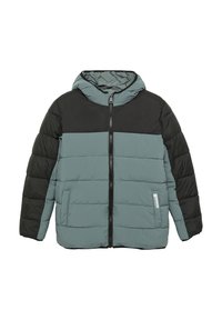 Gepolsterte Jacke mit Kapuze, die ein Farbmuster in Teal und Schwarz aufweist. Horizontale Nähte und ein Reißverschluss vorne.