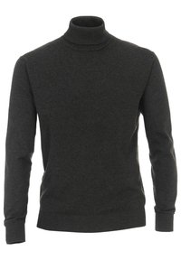 Mørkegrå sweater med høj hals lavet af blødt stof, der har lange ærmer samt ribstrikkede manchetter og kant. Enkelt design uden mønstre.