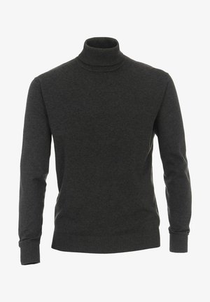 Dark grey turtleneck sweater made of soft fabric, featuring long sleeves and ribbed cuffs and hem. Simple design with no patterns.