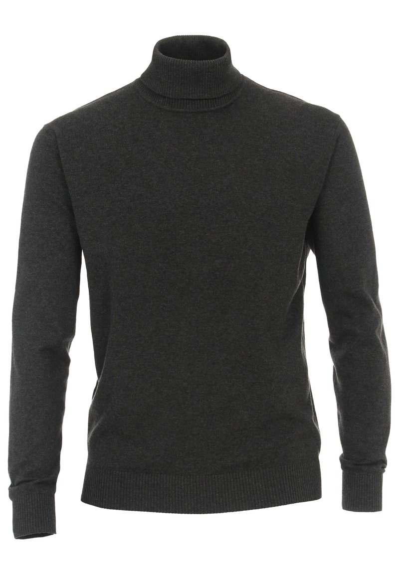 Mørkegrå sweater med høj hals lavet af blødt stof, der har lange ærmer samt ribstrikkede manchetter og kant. Enkelt design uden mønstre.