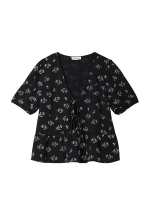 Black floral blouse with short puff sleeves, V-neckline, tie detail at the front, and flared hem. White floral patterns throughout.