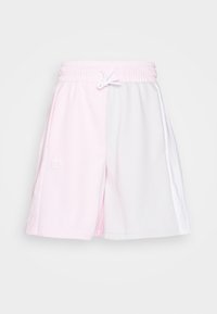 Rosa och grå idrottsshorts med elastisk midja, snörning och Adidas-logotyp; har en färgblockdesign och mjuk tygtextur.