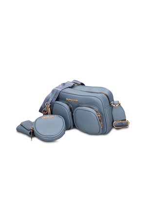 Blauwe leren crossbodytas met drie ritsvakken en een bijpassend afneembaar rond muntgeldzakje en sleutelhanger.