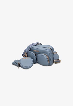 Borsa a tracolla in pelle blu con tre scomparti con zip e un portamonete rotondo staccabile abbinato con portachiavi.