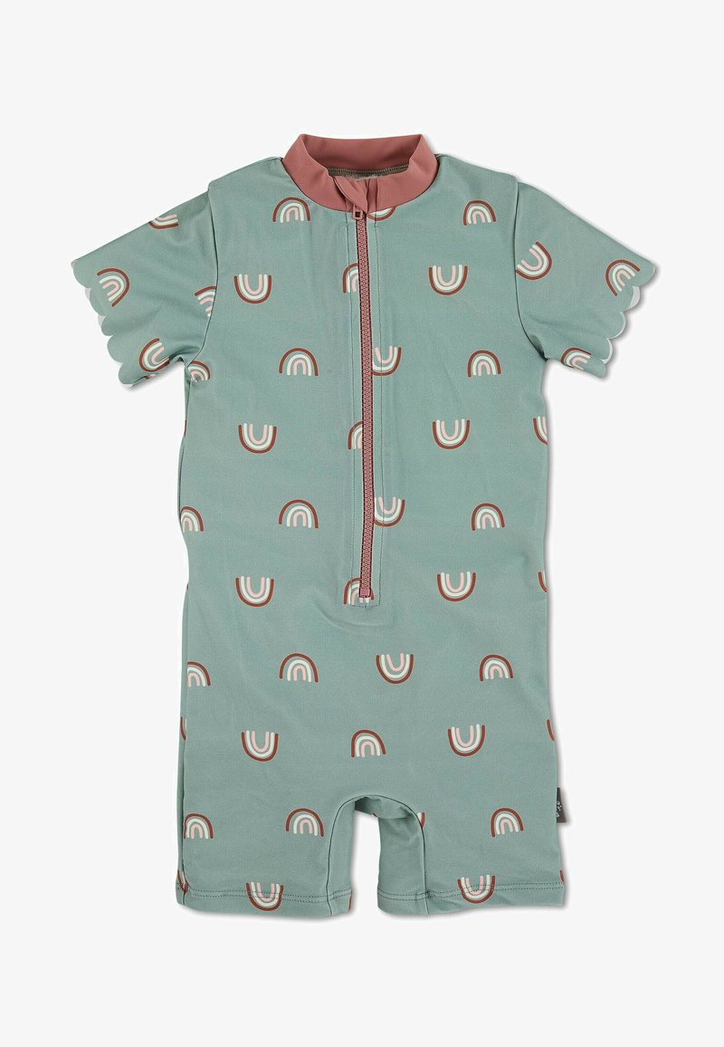 Hellgrüner Kurzarm-Overall mit pinkem Kragen, ausgestattet mit einem Reißverschluss vorne und Regenbogenmustern in Creme und Braun. Aus weichem, elastischem Stoff.