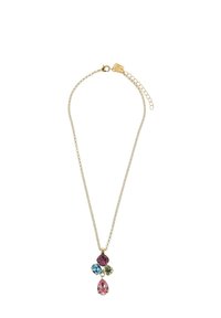 Gouden ketting met een cluster van vier meerkleurige geometrische edelstenen: roze, blauw, groen en paars, in een druppelvorm.
