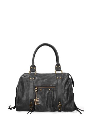 Sac à main en cuir noir avec double poignée, poche zippée frontale, ferrures dorées et pampilles décoratives sur les côtés.