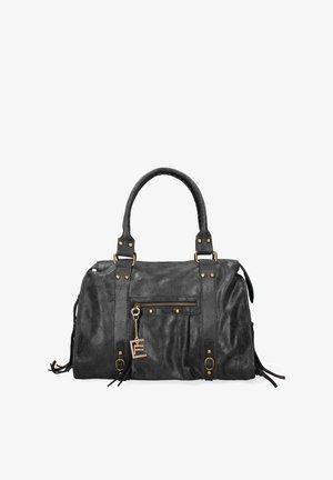 Borsa in pelle nera con doppi manici, tasca frontale con zip, ferramenta color oro e nappe decorative sui lati.